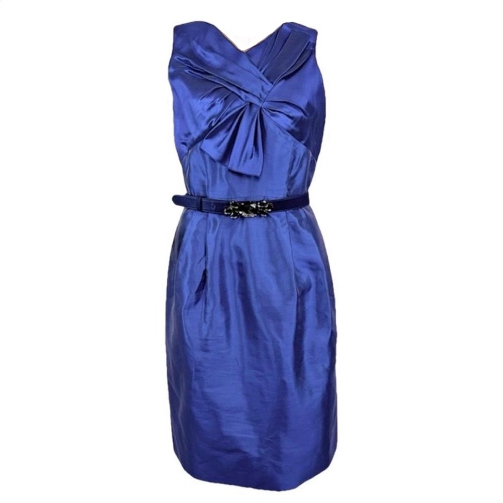 PER SE Blue Silk Sleeves Sheath Dress With Belt Women’s Size 2